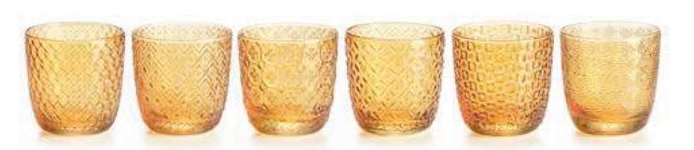IVV Sixties Set 6 tumblers assorted patterns in amber mass colored glass