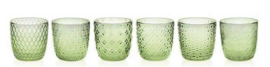 IVV Sixties Set 6 tumblers assorted patterns in acid green mass colored glass