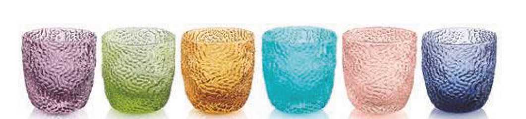 IVV Tricot Set 6 tumblers in mass colored glass, assorted colors: amethyst, acid green, amber, turquoise, pink, indigo blue