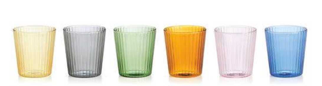 IVV Narciso Set 6 pleated borosilicate glass tumblers, assorted colors: yellow, grey, green, amber, pink, blue