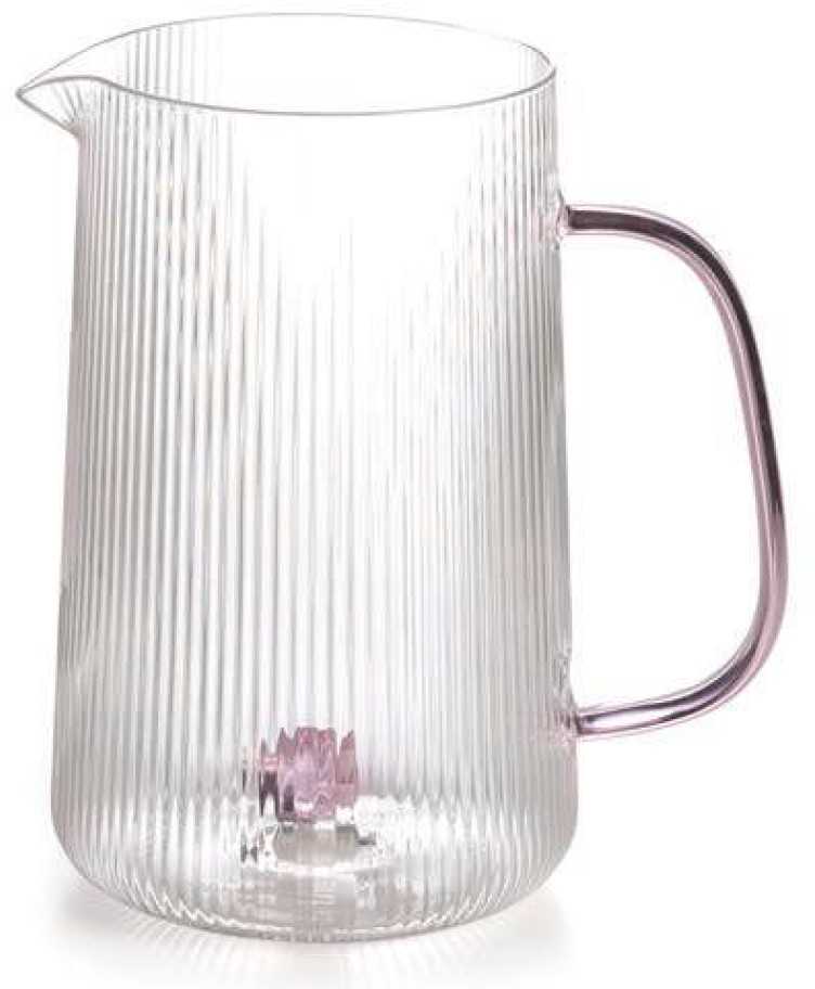 IVV Gemme Renkli Kulplu ve İçinde Pembe Dekoratif Taşlı Pliseli Borosilikat Cam Sürahi