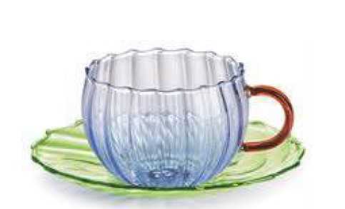 IVV Sahara Set of 2 tea cups in turquoise borosilicate glass, amber handle and green saucer 