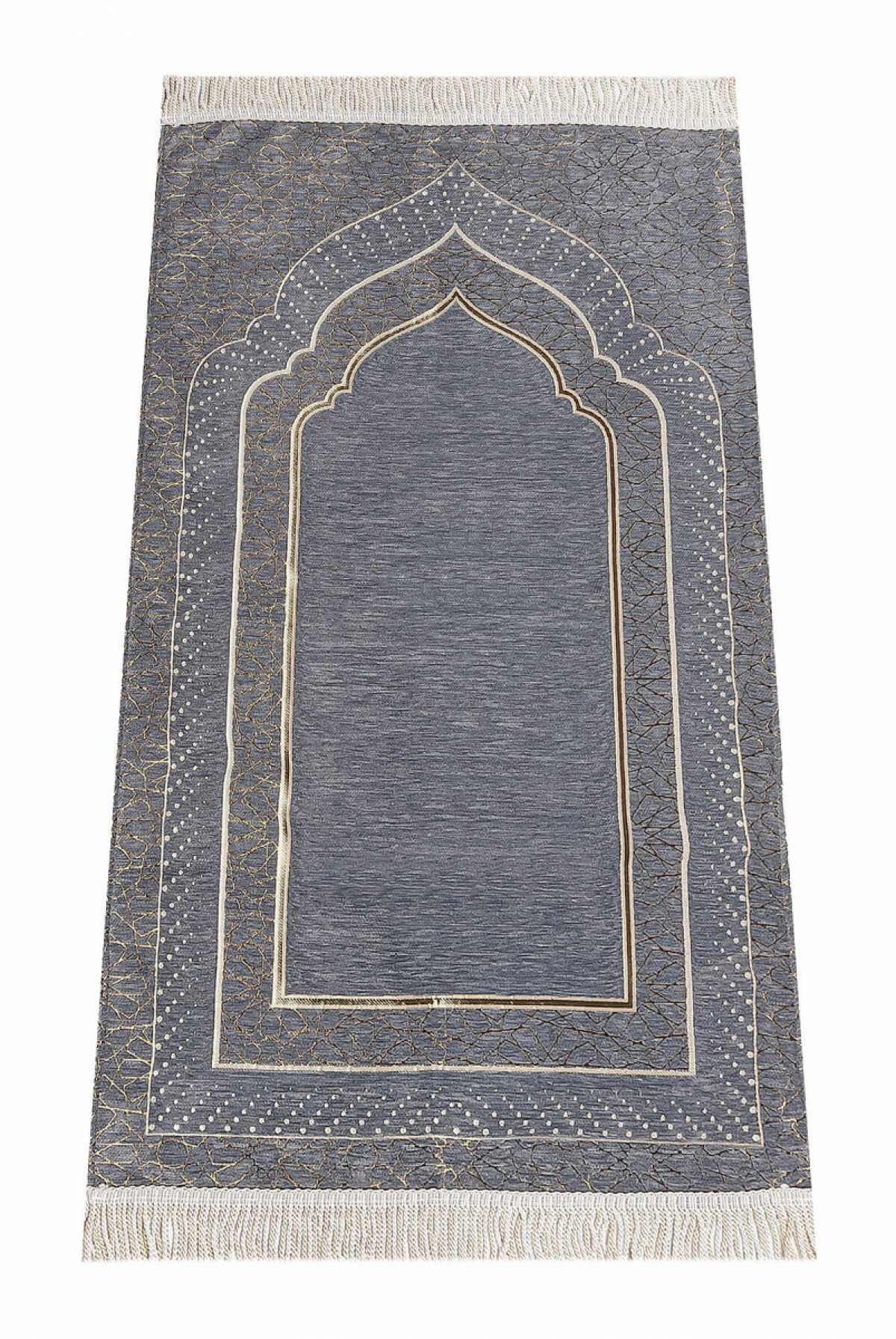 Mihrab-Patterned, Lined, Chenille Prayer Rug - Grey